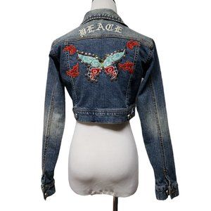 PEACE studded and embroidered cropped jean jacket by J2 Jean